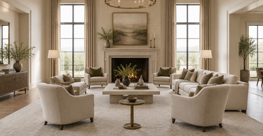 Large living room with a 10x14 area rug holding the full seating arrangement