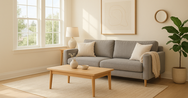 Modern living room styled with a neutral 8x10 rug under sofa and coffee table
