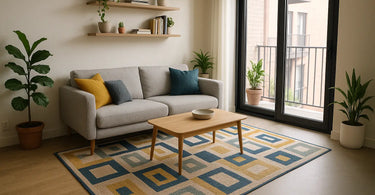 Modern apartment living room styled with a 6x9 area rug under a sofa and coffee table