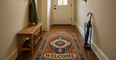 Entryway decorated with a patterned 2x4 rug by the front door