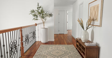 Sage and cream medallion rug on an upstairs landing beside a wood bench and a potted olive tree
