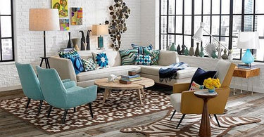 Modern abstract rug with neutral tones in stylish living room