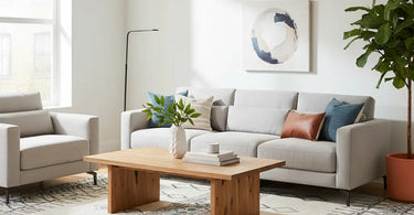 Modern living room with a sofa and coffee table on a 5x8 area rug