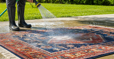 How to machine wash an area rug - rinsing a patterned rug outdoors with a garden hose