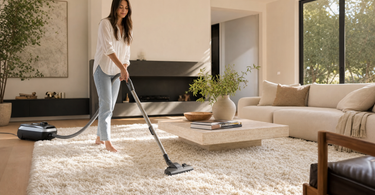 How to clean a shag rug - woman vacuuming a fluffy cream shag rug in a modern living room