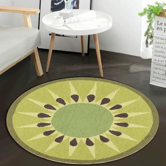 Modern living room featuring a round rug under a coffee table with stylish furniture and natural lighting