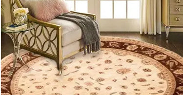 Round washable rug in a stylish living room, combining comfort, elegance, and easy maintenance