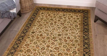 Elegant vintage Persian rug with intricate traditional patterns displayed in a classic, warmly lit living room