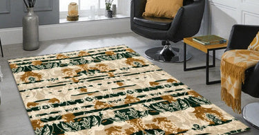 Modern living room featuring an abstract shaped wool rug with vibrant colors, adding bold personality to the space