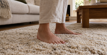 Bare feet sinking into a thick cream hand-knotted wool rug in a cozy living room