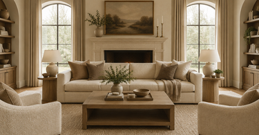 Beige couch layered over a textured neutral area rug in a tone-on-tone living room