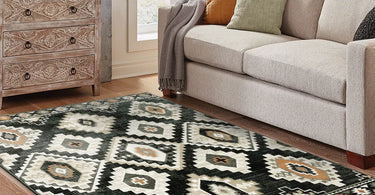 Neutral farmhouse area rug placed in a rustic living room with a wooden coffee table, linen sofa, and vintage farmhouse decor