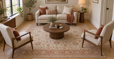 Cream and terracotta 6x9 wool rug under a loveseat and two chairs in a small 10x12 living room
