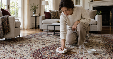 Person blotting a small coffee spill on an ivory and burgundy hand-knotted Persian medallion rug with a white cloth