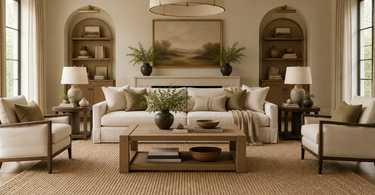 Natural sisal area rug in a warm neutral living room