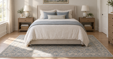 Queen bed with an 8x10 ivory and blue wool rug placed horizontally under the lower two-thirds of the bed, stopping just in front of the nightstands