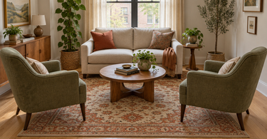 5x7 wool rug in a small 10x11 living room with a loveseat and two armchairs, front legs on the rug