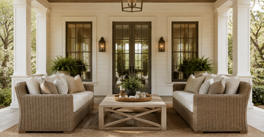 Jute rug on a covered porch under wicker furniture