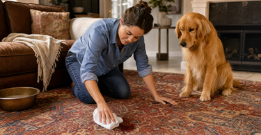 How to get pet stains out of an area rug - woman blotting stain with golden retriever watching