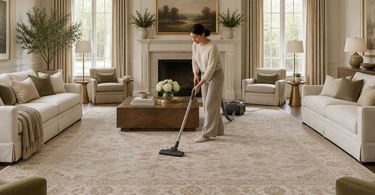 Vacuuming a large 9x12 area rug in a living room