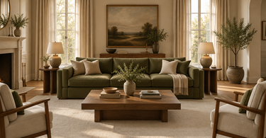 Olive green couch anchored by a cream area rug in a warm neutral living room