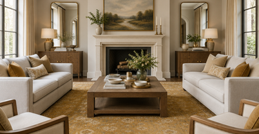 Light grey couch with a mustard gold patterned area rug