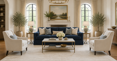 Navy blue couch with an ivory cream area rug over warm wood floors
