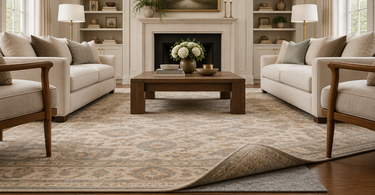 Area rug corner lifted to show a felt rug pad on hardwood floor