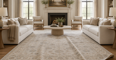 Freshly unrolled area rug showing shipping creases and a curling corner on a hardwood floor