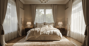 8x10 rug under a queen bed with 18 inches of rug showing on each side