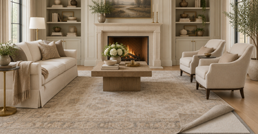 Living room rug corner rolled back showing felt and rubber rug pad on hardwood floor