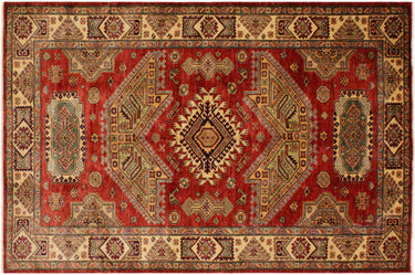 Super Kazak Hand-Knotted Wool Area Rug, Red and Light Gold 5'7" x 7'7" - full view