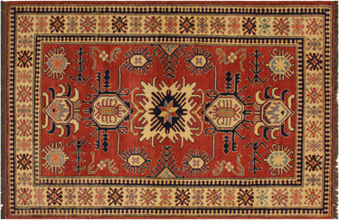 Super Kazak Hand-Knotted Wool Area Rug, Rust and Ivory 4'0" x 6'2" - full view