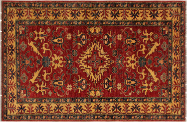 Super Kazak Hand-Knotted Wool Area Rug, Red and Light Gold 3'11" x 6'4" - full view