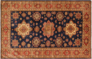 Super Kazak Hand-Knotted Wool Area Rug, Blue and Red 5'7" x 7'3" - full view