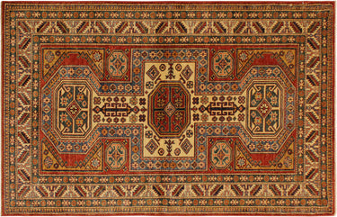 Super Kazak Hand-Knotted Wool Area Rug, Gold and Red 4'1" x 5'10" - full view