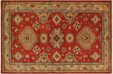 Super Kazak Hand-Knotted Wool Area Rug, Red and Light Gold 4'1" x 6'3" - full view