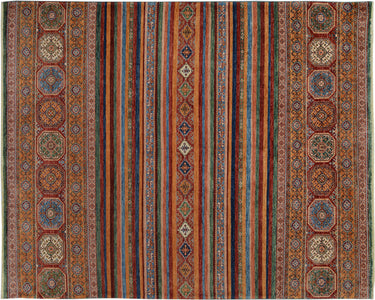 Khorjin Striped Hand-Knotted Wool Area Rug, Red and Blue 8'2" x 10'1" - full view
