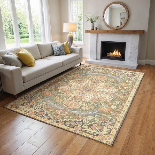 Oriental Weavers Alfresco 28401 Green and Blue Extra Large Room Anchor Medallion Area Rug - 10' x 13' lifestyle