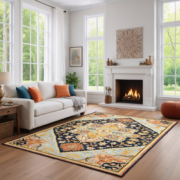 Oriental Weavers Alfresco 28408 Navy and Rust Oversized Dining Room Rug Medallion Area Rug - 8' x 10' lifestyle