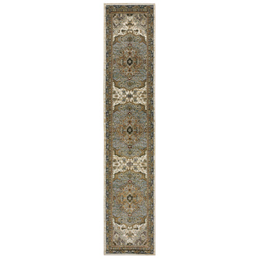 Oriental Weavers Andorra 2451B Ivory and Blue Hallway Runner Medallion Runner Rug - 2'6" x 12'