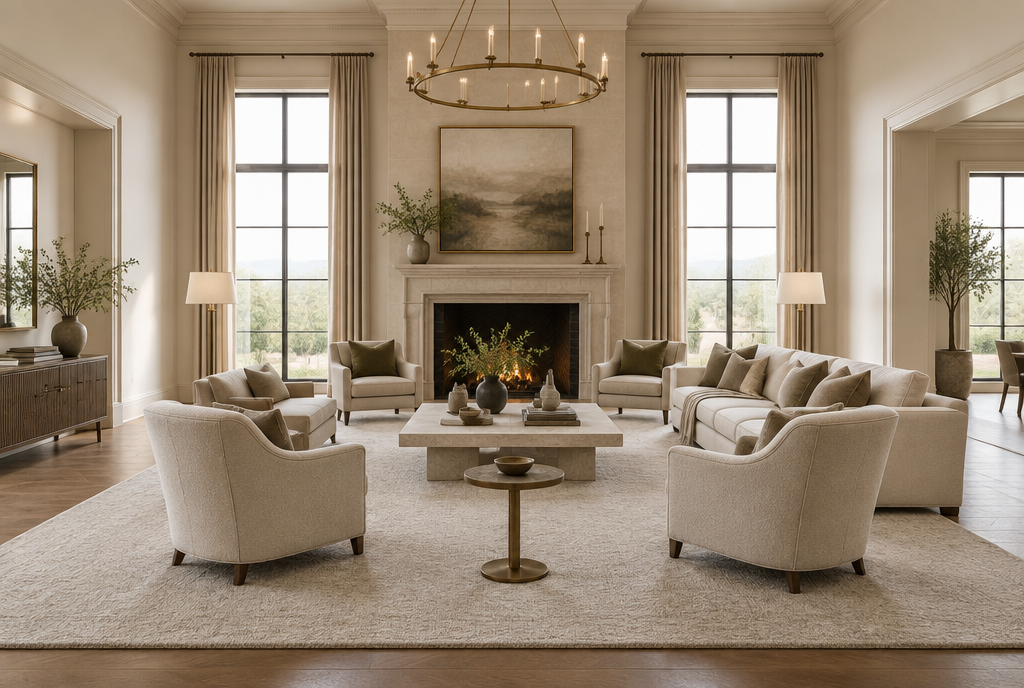 Large living room with a 10x14 area rug holding the full seating arrangement