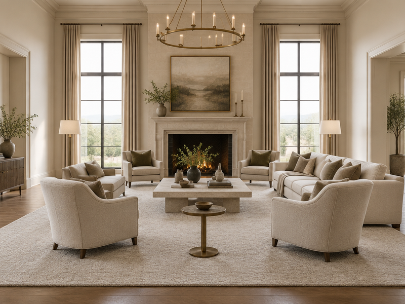 Large living room with a 10x14 area rug holding the full seating arrangement