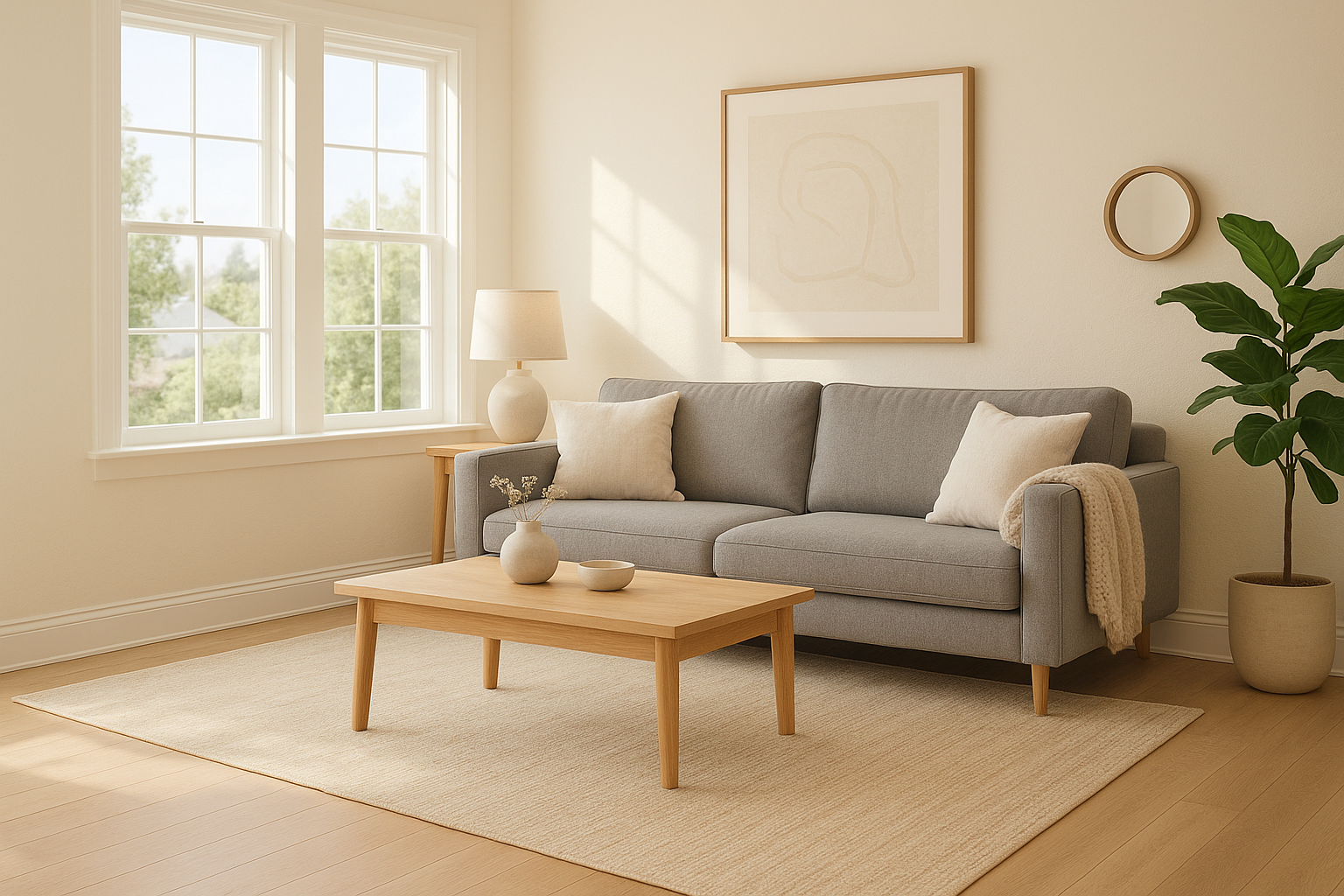Modern living room styled with a neutral 8x10 rug under sofa and coffee table