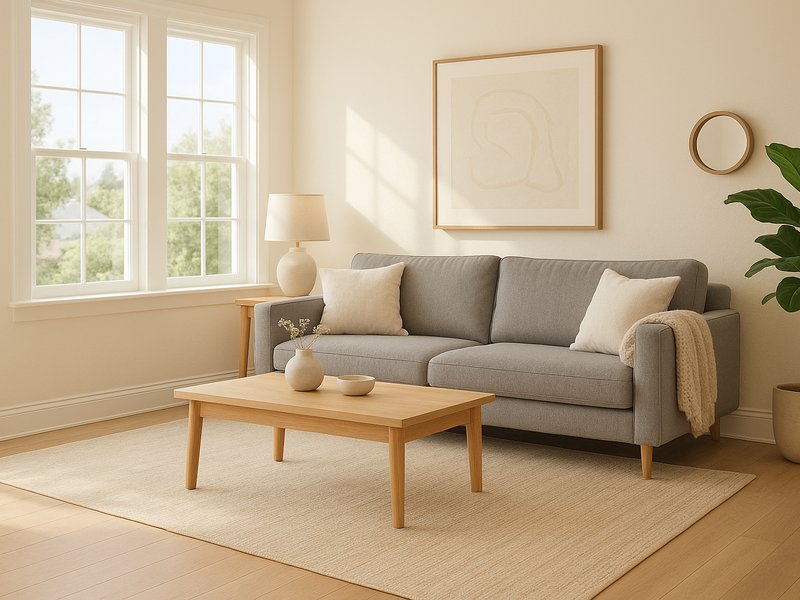 Modern living room styled with a neutral 8x10 rug under sofa and coffee table