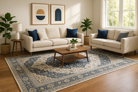 Modern living room with a large 9x12 area rug under sectional sofa and coffee table