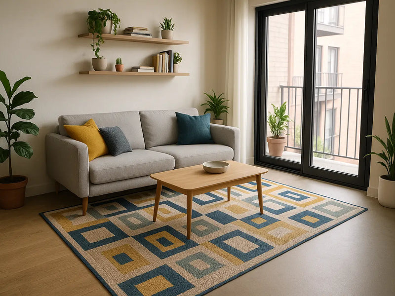 Modern apartment living room styled with a 6x9 area rug under a sofa and coffee table