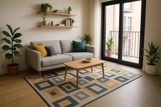 Modern apartment living room styled with a 6x9 area rug under a sofa and coffee table