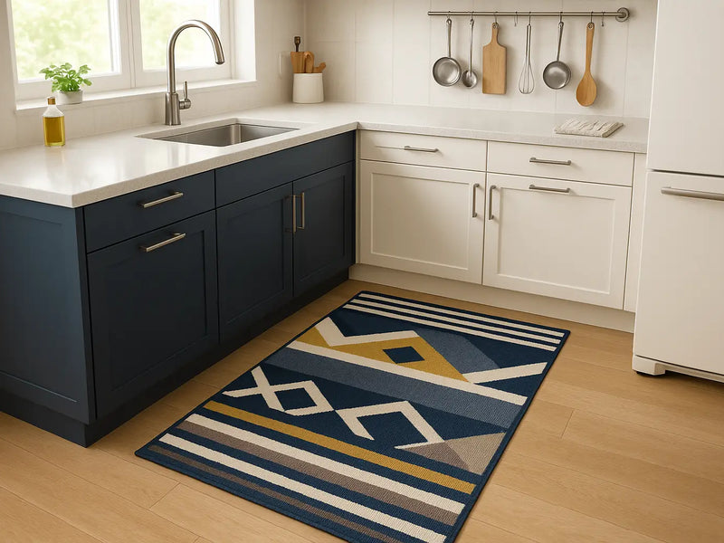 Farmhouse kitchen sink area styled with a washable 2x8 runner rug
