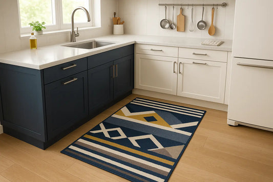 Farmhouse kitchen sink area styled with a washable 2x8 runner rug